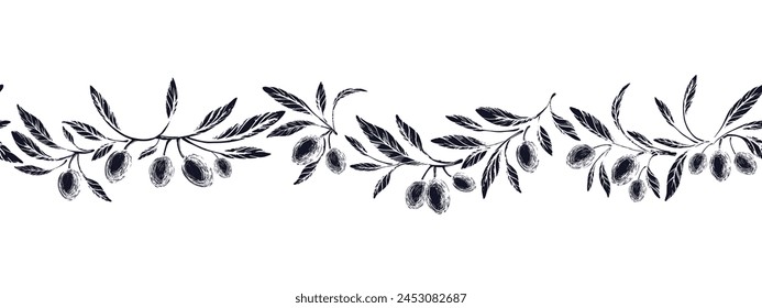 Olive seamless border. Vector texture linocut. Nature branch, oil fruits. Food farm harvest. Art pattern. Abstract greek decor