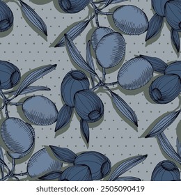 Olive seamless pattern. Beautiful seamless pattern with green olive branches in vintage style. Natural vegetable background illustration of organic cooking ingredient for healthy nutrition concept.