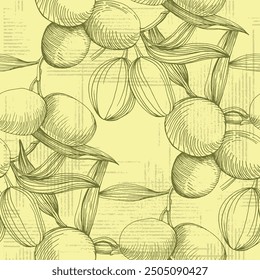 Olive seamless pattern. Beautiful seamless pattern with green olive branches in vintage style. Natural vegetable background illustration of organic cooking ingredient for healthy nutrition concept.