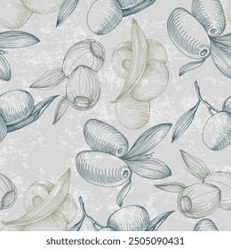 Olive seamless pattern. Beautiful seamless pattern with green olive branches in vintage style. Natural vegetable background illustration of organic cooking ingredient for healthy nutrition concept.