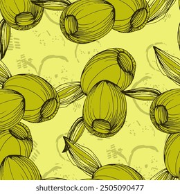 Olive seamless pattern. Beautiful seamless pattern with green olive branches in vintage style. Natural vegetable background illustration of organic cooking ingredient for healthy nutrition concept.