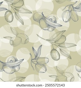 Olive seamless pattern. Beautiful seamless pattern with green olive branches in vintage style. Natural vegetable background illustration of organic cooking ingredient for healthy nutrition concept.