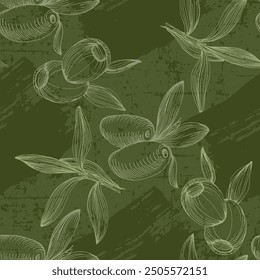 Olive seamless pattern. Beautiful seamless pattern with green olive branches in vintage style. Natural vegetable background illustration of organic cooking ingredient for healthy nutrition concept.