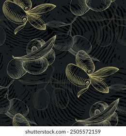 Olive seamless pattern. Beautiful seamless pattern with green olive branches in vintage style. Natural vegetable background illustration of organic cooking ingredient for healthy nutrition concept.