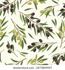 Olive seamless pattern. Green and black fruits on twigs with leaves, repeated mediterranean plant branches, organic plant, kitchen textile, wrapping paper, wallpaper, tidy vector background
