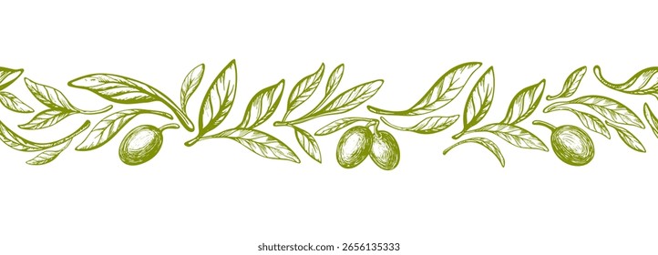Nahtloses Olivenmuster. Grüner Zweig, Ölfrüchte. Natur botanische Plantage. Mittelmeerküche. Rahmen für Vektortextur. Vintage-Gravur-Hintergrund für Stoff, Küchentextilien, Verpackung