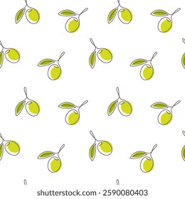 Olive seamless pattern with green olives berries and leaves in one continuous line drawing style. Perfect for olive oil packaging, wrapping paper, kitchen textile and so on