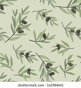 Olive seamless pattern. Hand drawn olive branch background. Retro style colored sketch drawing olive decorative texture  forvegetable, food, oil organic label, pack.