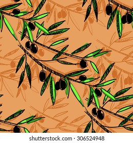 Olive seamless pattern. Hand drawn olive branch background. Old fashion olive decorative texture for label, pack.