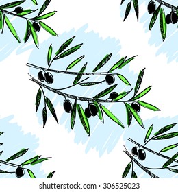 Olive seamless pattern. Hand drawn olive branch background. Old fashion olive decorative texture for label, pack.