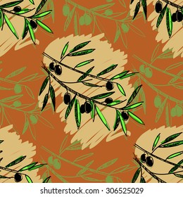Olive seamless pattern. Hand drawn olive branch background. Old fashion olive decorative texture for label, pack.