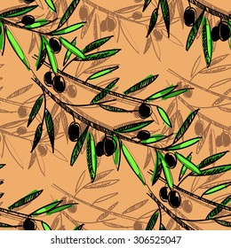Olive seamless pattern. Hand drawn olive branch background. Old fashion olive decorative texture for label, pack.