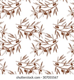 Olive seamless pattern. Hand drawn olive branch background. Old fashion olive decorative texture for label, pack.