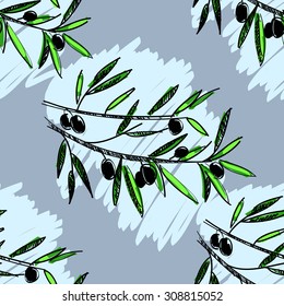 Olive seamless pattern. Hand drawn olive branch background. Old fashion olive decorative texture for label, pack.