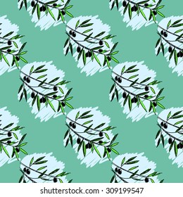 Olive seamless pattern. Hand drawn olive branch background. Old fashion olive decorative texture, pack.