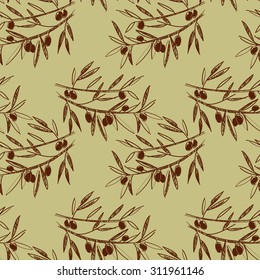 Olive seamless pattern. Hand drawn olive branch background. Old fashion olive decorative texture