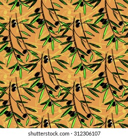 Olive seamless pattern. Hand drawn olive branch background. Old fashion olive decorative texture