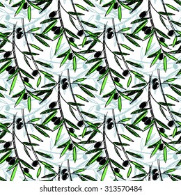 Olive seamless pattern. Hand drawn olive branch background. Old fashion olive decorative texture for label, pack.