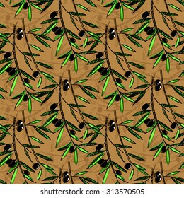 Olive seamless pattern. Hand drawn olive branch background. Old fashion olive decorative texture for label, pack.