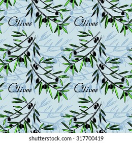 Olive seamless pattern. Hand drawn olive branch background. Old fashion olive decorative texture for label, pack.