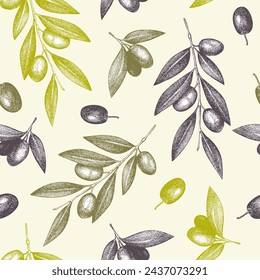 Olive seamless pattern. Healthy food background. Hand-drawn vector illustration. Olives branches, leaves and fruits sketches. Packaging, kitchen design. NOT AT generated