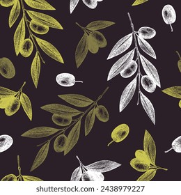 Olive seamless pattern. Healthy food background. Hand-drawn vector illustration. Olives branches, leaves and fruits sketches. Packaging, kitchen design. NOT AT generated