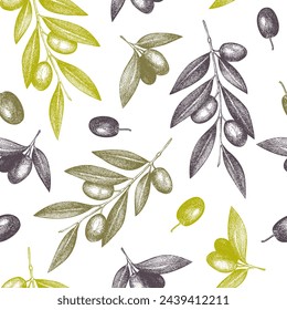 Olive seamless pattern. Healthy food background. Hand-drawn vector illustration. Olives branches, leaves and fruits sketches. Packaging, kitchen design. NOT AT generated