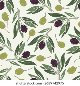 Olive Seamless Pattern with Leaves and Berries, Branches with Green and Purple Olives, Botanical Floral Background, Vector Illustration