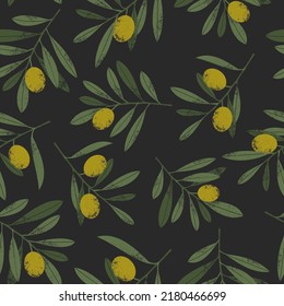 Olive seamless pattern. Olive leaves and branches on a dark background. Vector illustration.