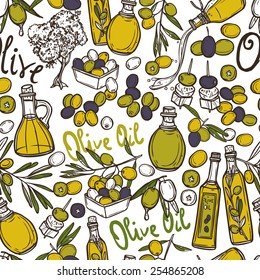 Olive seamless pattern with oil bottles organic food and plant branches vector illustration