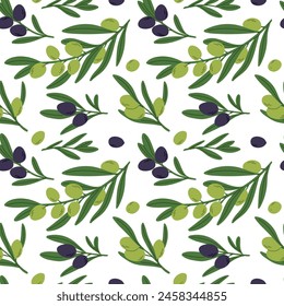 Olive seamless pattern. Organic product. Branches with green leaves or black fruits. Decorative tree sprigs. Agriculture summer plant. Repeated print. Garish vector