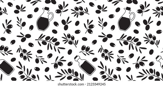 Olive seamless pattern vector hand drawn, mediterranean background, olive oil, twig and leaf branch. Black and white plant ptint. Food illustration