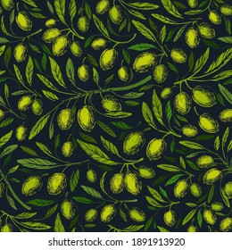 Olive seamless pattern. Vector vintage illustration. Green branch, set of fruits, wild plantation, drawing graphic background. Texture engraving. Italian organic oil