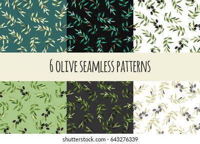 Olive seamless patterns set. Olive brunch. Vector illustration