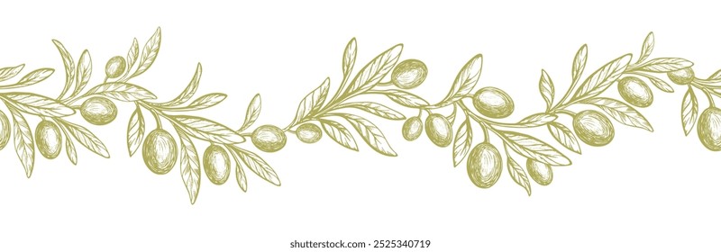 Olive seamless print. Green tree, fruits. Vector greek plantation. Mediterranean food, aroma oil. Vintage engraving monochrome background for fabric, kitchen textile, packaging