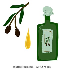 Olive set. Bottle of olive oil with an olive branch and a drop of oil. Vector collection of elements in flat style.