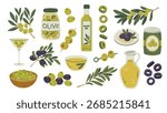 Olive set. Olive branches with green and black olives. Oil, plate and canned olives. Vector flat elements