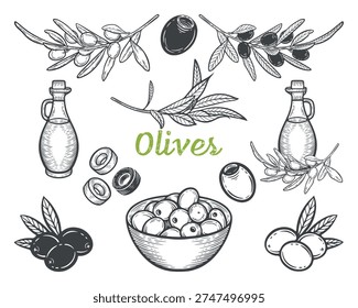 Olive set, green and black olives, whole, in a bowl, cut, tree branches, oil bottle, mediterranean food, black and white illustration, engraving isolated	