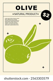 Olive. Set of posters of fruits and citrus in a abstract draw design. Label or poster, price tag. Simple, flat design. Patterns and backgrounds. Perfect for poster, cover, banner.	