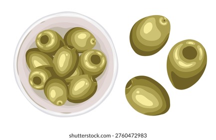 Olive set vector doodle illustration. Italian food cartoon drawing in ceramic bowl top view and three fruit. Use for cafe menu and restaurant template. Isolated drawing for organic product design.