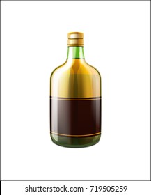 Olive shiny tall and wide alcoholic drink bottle with black label in front. Brown cognac or brandy in glassware without label, strong spirit beverage