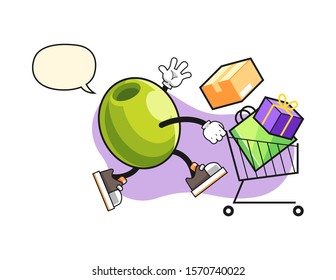 Olive shopping with speech bubble cartoon. Mascot Character vector.