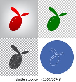 Olive sign illustration. Vector. 4 styles. Red gradient in radial lighted background, green flat and gray scribble icons on transparent and linear one in blue circle.