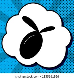 Olive sign illustration. Vector. Black icon in bubble on blue pop-art background with rays.