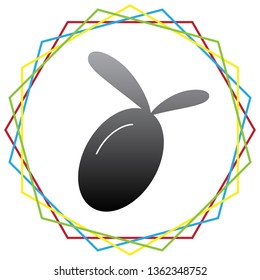 Olive sign illustration. Vector. Black icon with patch of light inside colorful hexagonal frames at white background.