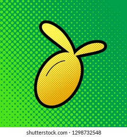 Olive sign illustration. Vector. Pop art orange to yellow dots-gradient icon with black contour at greenish background.