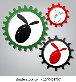 Olive sign illustration. Vector. Three connected gears with icons at grayish background.