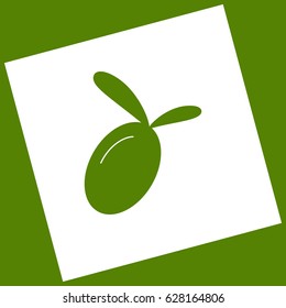 Olive sign illustration. Vector. White icon obtained as a result of subtraction rotated square and path. Avocado background.