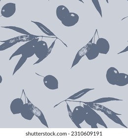 Olive silhouettes botanical seamless patten on grey background. Textured endless print design for olive oil, natural cosmetics, wrapping, kitchen textile.