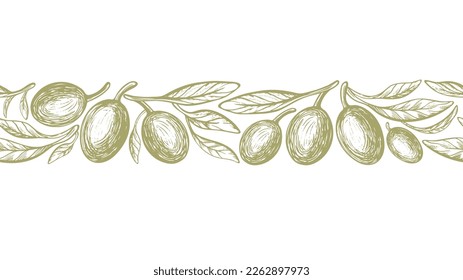 Olive Sketch nahtlose Grenze. Gravierte Früchte, Blätter. Vektor Vintage botanische Muster, handgezeichnet Skizze. Mittelmeer-Lebensmittel, Aromaöl